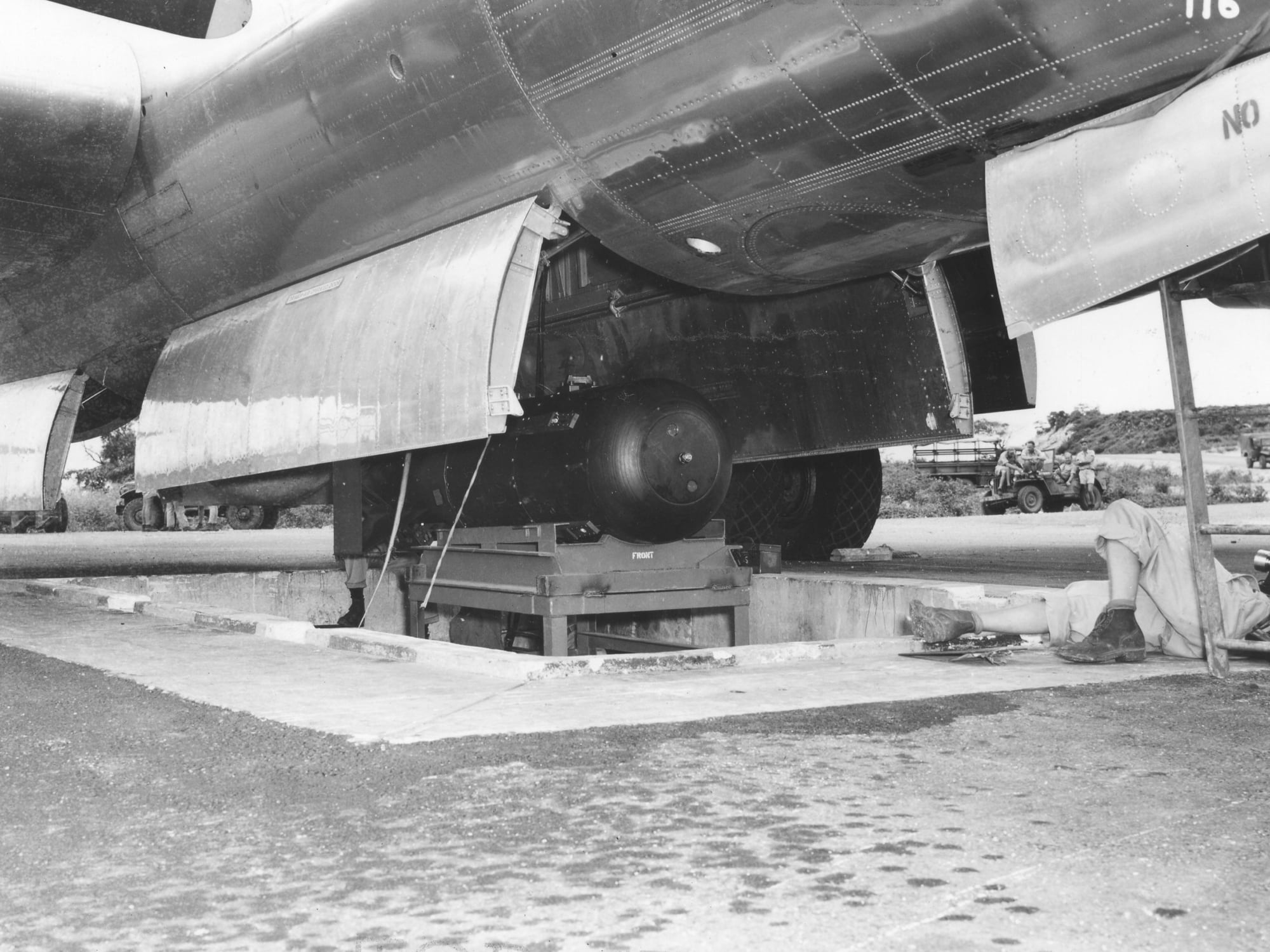 Little Boy being loaded into the Enola Gay