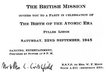 THE BRITISH MISSION INVITES YOU TO A PARTY IN CELEBRATION OF SATURDAY, 22ND SEPTEMBER, 1945 PRECEDED BY SUPPER AT 8 P.M. R.S.V.P TO MRS. W. F. MOON Room A-211 (EXTENSION 250)