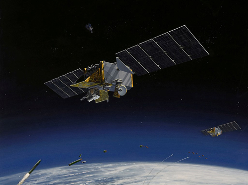 An artist's rendering of detection satellites for a missile defense system