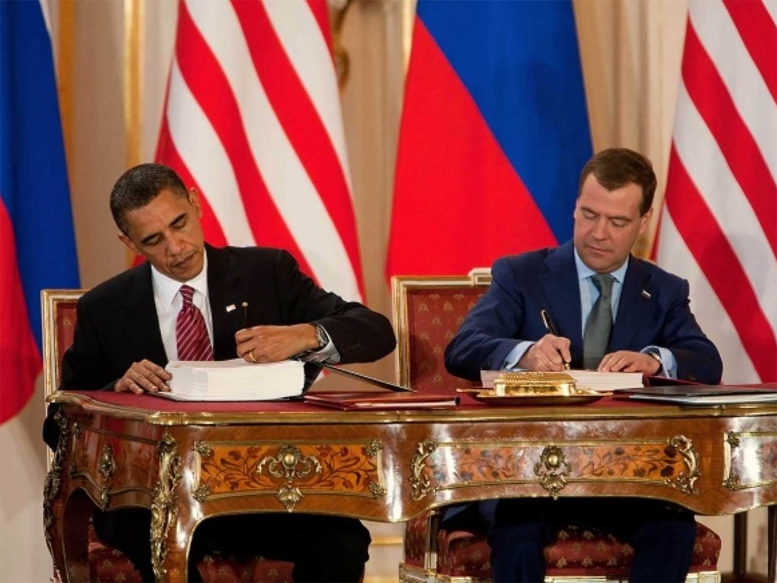 Presidents Obama and Medvedev after signing the Prague Treaty.