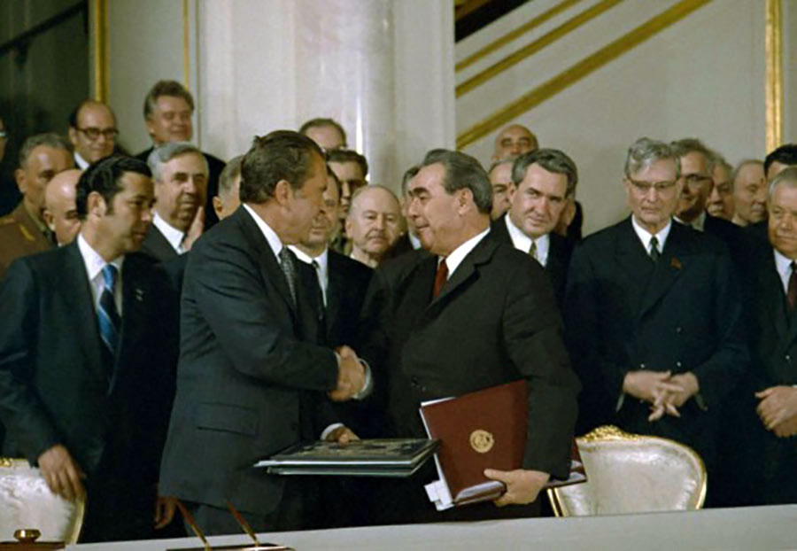 President Nixon and Soviet Premier Brezhnev exchange the SALT I treaty