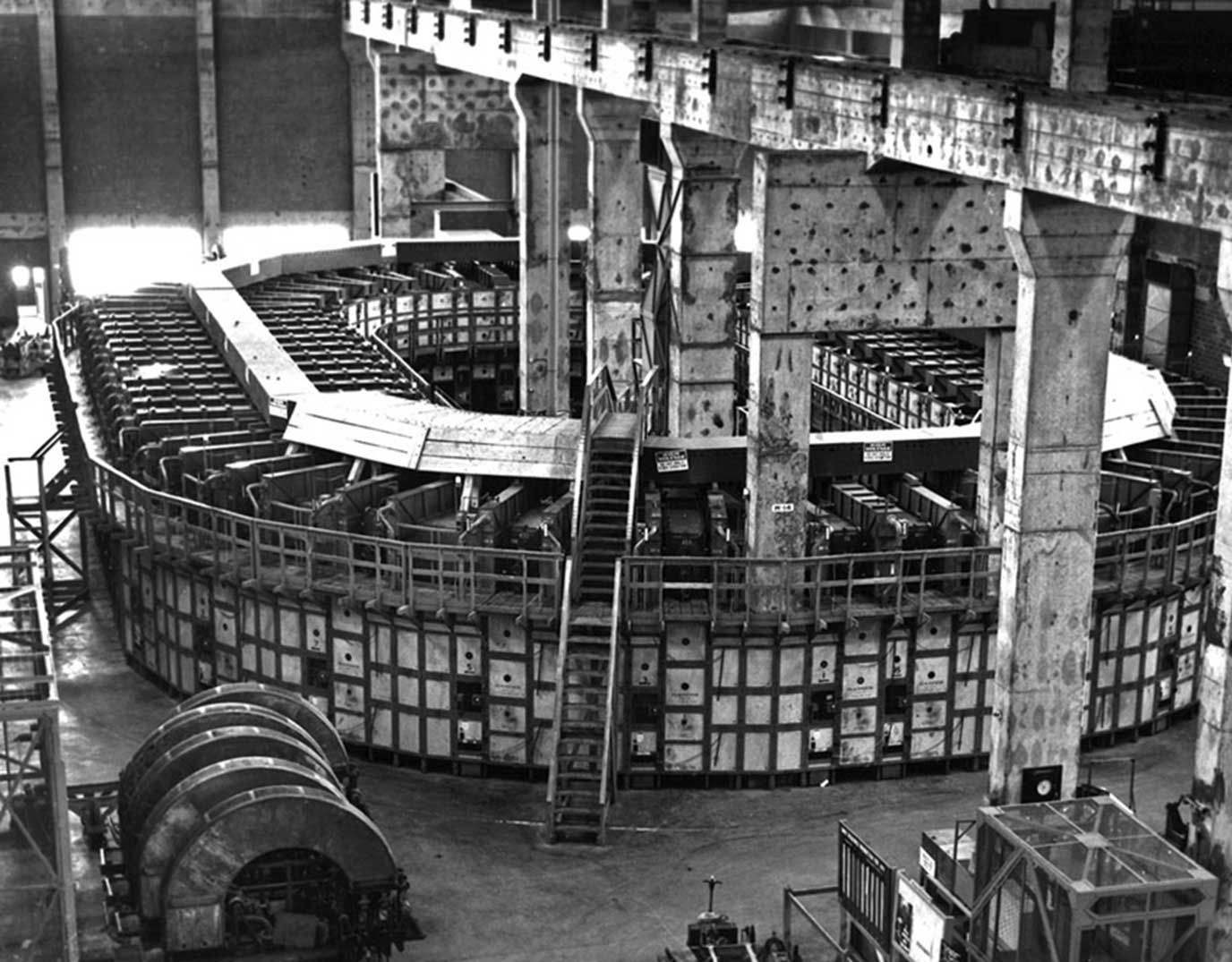 Y-12 Alpha Racetrack at Clinton. Spare magnets in left foreground.