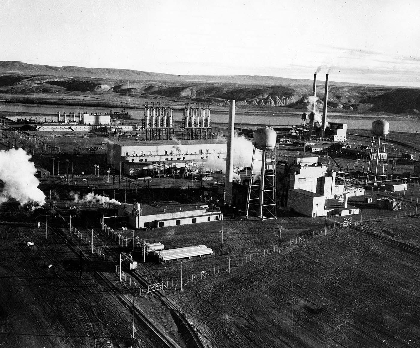 Pile D at Hanford. Pile in Foreground, Water Treatment Plant in Rear.