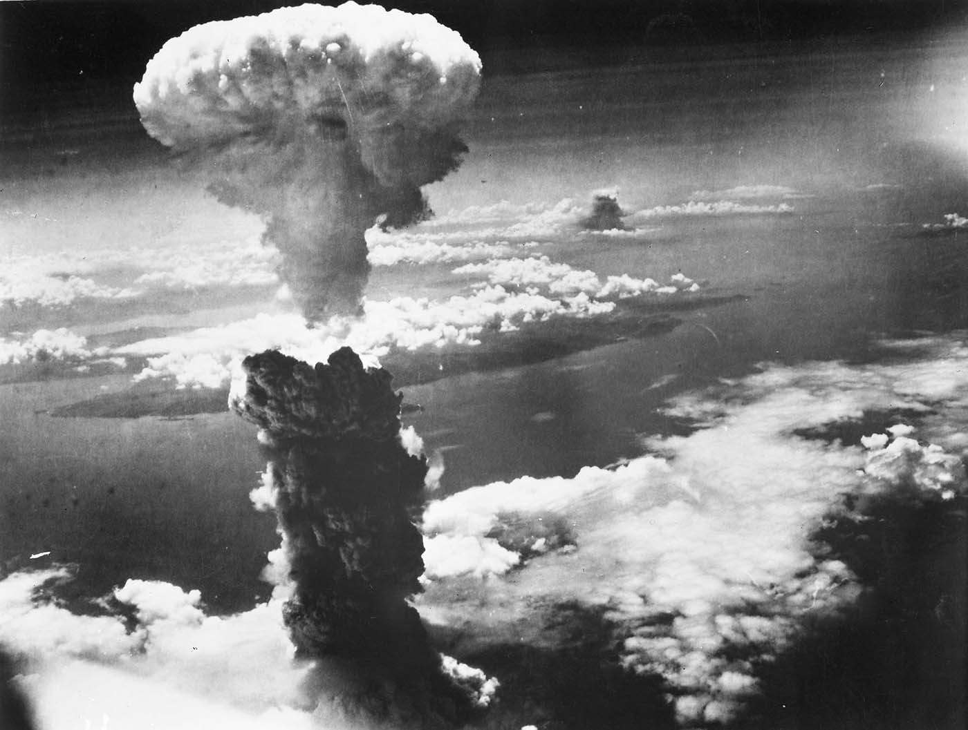 The mushroom cloud rising over Nagasaki