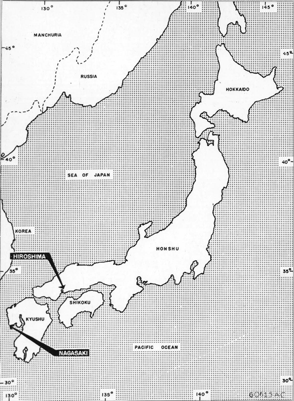 Map of Japan with Hiroshima and Nagasaki shown